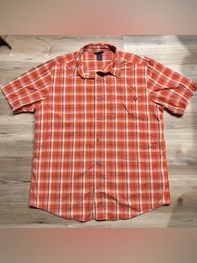 Marmot Eldridge Novelty Classic short-sleeve button-down shirt in orange plaid. 